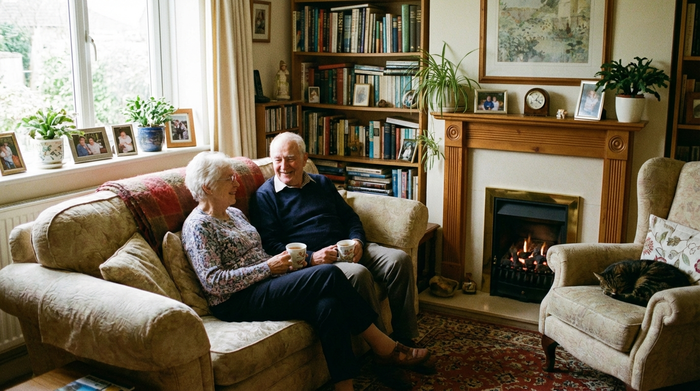 Ein älteres Ehepaar sitzt entspannt auf einem gemütlichen Sofa im heimischen Wohnzimmer und unterhält sich lächelnd. Die Atmosphäre ist ruhig, sicher und harmonisch.