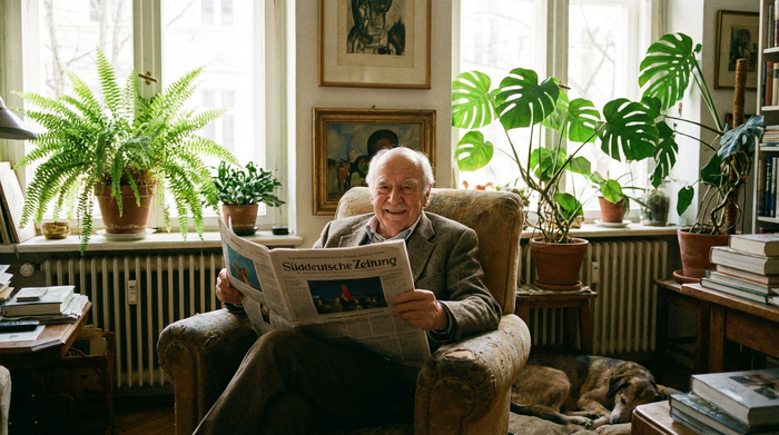 Ein sympathischer Senior liest ganz entspannt die Tageszeitung in einem bequemen Ruhesessel. Das Zimmer ist hell, mit Pflanzen dekoriert und strahlt Gemütlichkeit aus.