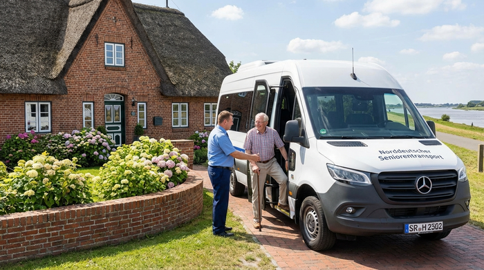 Ein moderner, weißer Kleinbus steht vor einem gepflegten norddeutschen Backsteinhaus. Ein freundlicher Fahrer reicht einem lächelnden Senior hilfsbereit die Hand beim Einsteigen.