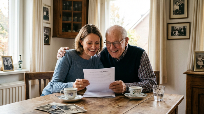Eine Tochter und ihr älterer Vater sitzen gemeinsam an einem Esstisch und schauen zufrieden auf ein Dokument. Beide wirken sichtlich erleichtert und glücklich.
