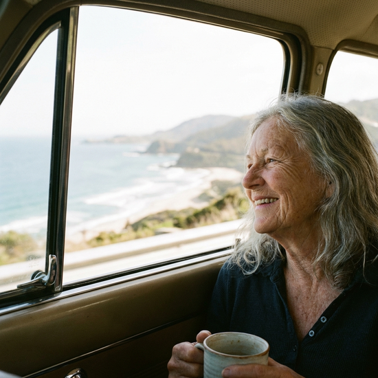 Eine ältere Dame blickt entspannt und glücklich aus dem Fenster eines fahrenden Autos auf eine vorbeiziehende Küstenlandschaft. Helles Tageslicht, weiche Kontraste.