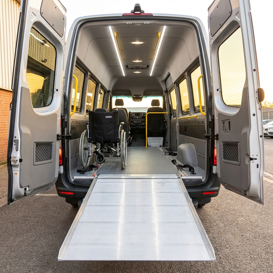 Ein geräumiger Fahrzeuginnenraum eines Kleinbusses mit einer ausgefahrenen, flachen Metallrampe am Heck. Ein sicherer, sauberer und gut beleuchteter Bereich, bereit für einen Rollstuhl.