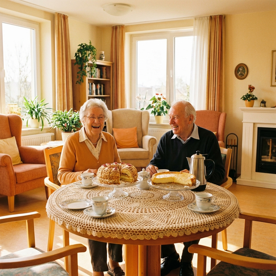 Zwei ältere Menschen sitzen fröhlich an einem gedeckten Tisch bei Kaffee und Kuchen in einem hellen, gemütlichen Aufenthaltsraum. Warme Farben, einladende Atmosphäre.