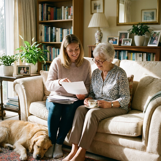 Eine fürsorgliche Tochter sitzt mit ihrer älteren Mutter auf einem gemütlichen Sofa und sie schauen gemeinsam entspannt in Unterlagen. Helles Wohnzimmer, harmonische Stimmung.