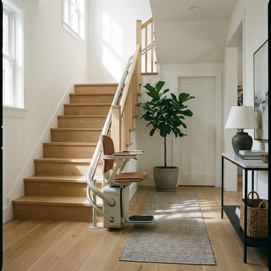 Ein moderner, eleganter Treppenlift ist an einer hellen Holztreppe in einem sauberen, gepflegten Flur installiert. Realistische Wohnumgebung, Fokus auf Barrierefreiheit.