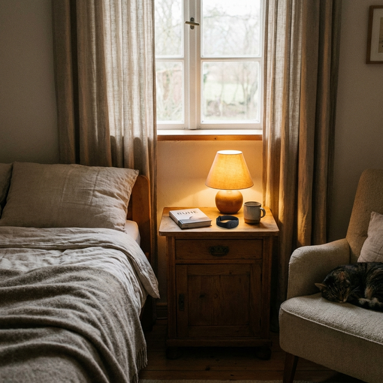 Ein kleines, unauffälliges Hausnotruf-Armband liegt auf einem hölzernen Nachttisch neben einer sanft leuchtenden Leselampe. Gemütliches Schlafzimmer, beruhigende Atmosphäre.