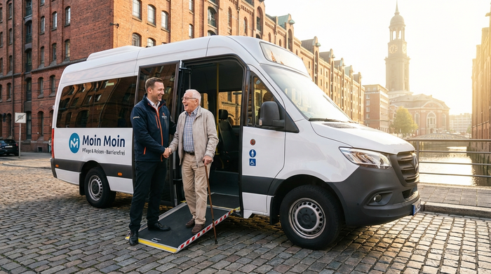 Ein freundlicher Fahrer hilft einem lächelnden älteren Herrn beim Einsteigen in einen modernen, weißen Kleinbus. Helle Morgensonne, städtische Umgebung mit norddeutschem Flair, realistische und positive Pflegesituation.