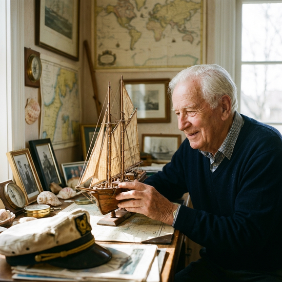 Ein älterer Mann mit weißen Haaren betrachtet lächelnd ein altes Schiffsmodell aus Holz auf einem Tisch. Erinnerungsstücke und Muscheln liegen daneben. Warme, nostalgische Atmosphäre, fokussiertes Porträt.
