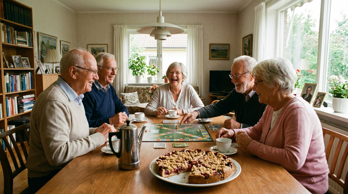 Eine fröhliche Runde von Senioren spielt ein Brettspiel an einem großen Tisch. Eine Kaffeekanne und ein Teller mit frischem Kuchen stehen bereit. Gemütliche und gesellige Nachmittagsstimmung, strahlende Gesichter.