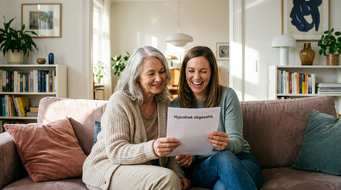 Eine ältere Dame und ihre Tochter sitzen entspannt auf einem Sofa und schauen glücklich auf ein Dokument. Die Atmosphäre ist erleichtert und harmonisch. Helles Wohnzimmer, vertrauensvolle Stimmung.