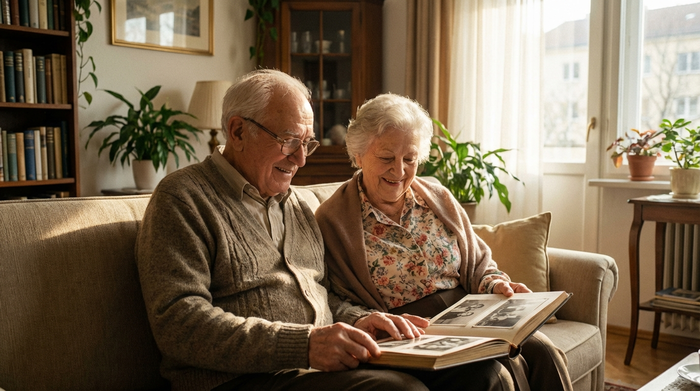 Ein älteres Ehepaar sitzt entspannt auf einem Sofa in einer blitzsauberen Wohnung und betrachtet lächelnd ein Fotoalbum. Warmes Sonnenlicht fällt durch das Fenster und erhellt den Raum.