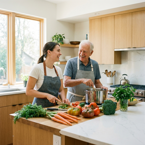Eine junge, freundliche Haushaltshilfe beim gemeinsamen Kochen mit einem Senior in einer modernen, hellen Küche. Frisches Gemüse liegt auf der Arbeitsfläche bereit.
