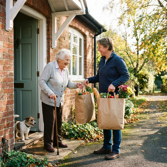 Eine hilfsbereite Person trägt zwei Einkaufstaschen mit frischen Lebensmitteln für eine ältere Dame, die lächelnd und dankbar an der Haustür steht.