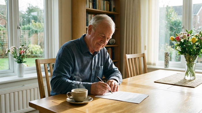 Ein Senior sitzt an einem aufgeräumten Esstisch und unterschreibt mit einem edlen Kugelschreiber entspannt ein Dokument. Eine Tasse Kaffee steht daneben, die Atmosphäre ist ruhig.