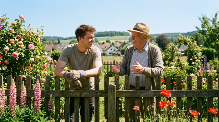 Zwei Nachbarn, ein jüngerer Mann und ein älterer Herr, unterhalten sich fröhlich am Gartenzaun bei strahlendem Sonnenschein. Im Hintergrund blühen bunte Blumen.
