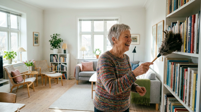 Eine rüstige ältere Frau reinigt mit einem Staubwedel lächelnd ein Regal in einem ordentlichen, hellen Wohnzimmer.