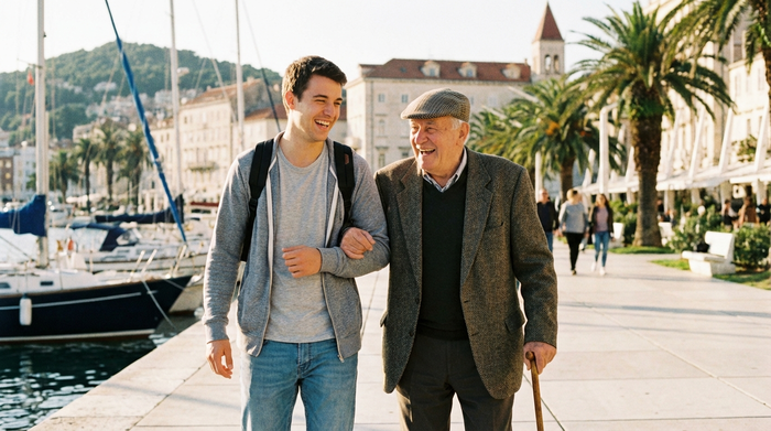 Ein junger männlicher Alltagsbegleiter stützt einen älteren Herrn mit Gehstock bei einem Spaziergang an einer sonnigen Promenade am Wasser. Beide lachen fröhlich.