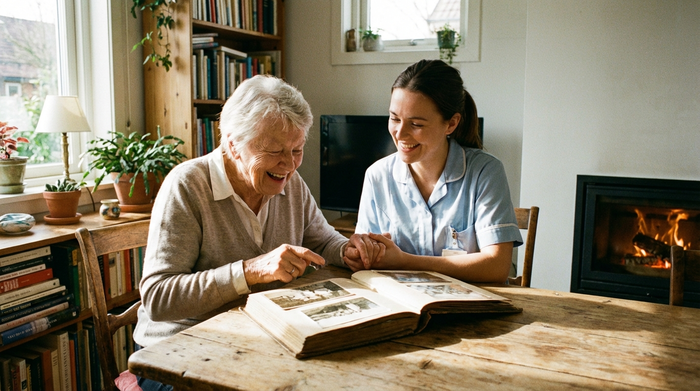 Zwei Personen, eine ältere Dame und eine jüngere Betreuerin, sitzen an einem Holztisch und schauen sich gemeinsam ein altes Fotoalbum an. Warme, emotionale Atmosphäre.