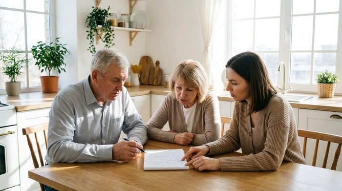 Ein älteres Ehepaar sitzt mit ihrer erwachsenen Tochter am Küchentisch und bespricht konzentriert Notizen auf einem Notizblock. Helle, freundliche Umgebung ohne ablenkende Elemente.