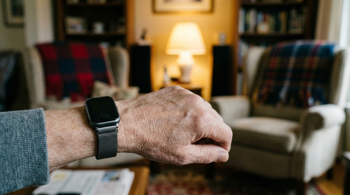 Eine Nahaufnahme eines modernen, unauffälligen Hausnotruf-Armbands am Handgelenk eines Senioren. Im Hintergrund ist unscharf ein gemütliches Wohnzimmer zu erkennen.