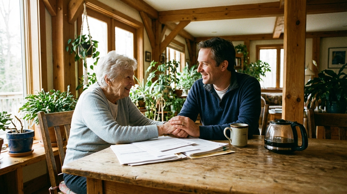 Eine ältere Frau und ihr erwachsener Sohn sitzen an einem Holztisch und schauen entspannt auf einige Dokumente. Eine Tasse Kaffee steht daneben. Der Raum ist hell und freundlich, die Atmosphäre wirkt erleichtert.