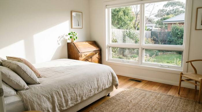 Ein helles, freundlich eingerichtetes Gästezimmer mit einem bequemen Bett, einem Holzschreibtisch und einem großen Fenster. Auf dem Schreibtisch steht eine kleine grüne Zimmerpflanze. Der Raum wirkt einladend, aufgeräumt und sauber.