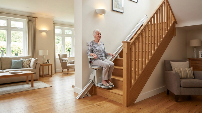 Ein moderner, unauffälliger Treppenlift an einer Holztreppe in einem gepflegten Einfamilienhaus. Eine ältere Dame fährt sicher und entspannt nach oben. Die Umgebung ist gut beleuchtet.