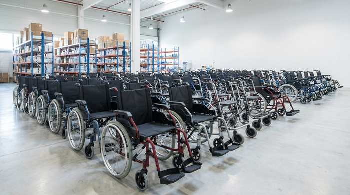 Ein sauberer, gut beleuchteter Lagerraum eines modernen Sanitätshauses. Verschiedene saubere Rollstühle und Rollatoren stehen ordentlich aufgereiht nebeneinander. Professionelle und hygienische Umgebung, realistische Fotografie ohne Text.