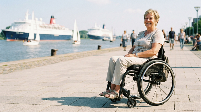 Eine ältere Dame sitzt entspannt in einem modernen Leichtgewichtsrollstuhl auf einer gepflasterten Promenade am Wasser. Im Hintergrund sind unscharf vorbeifahrende Schiffe zu erkennen. Sonniges Wetter, fröhliche Stimmung, realistische Szene ohne Text.