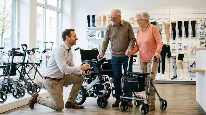 Ein freundlicher, professioneller Berater in einem Sanitätshaus zeigt einem älteren Ehepaar ein medizinisches Gerät. Helle Verkaufsräume mit verschiedenen Alltagshilfen im Hintergrund. Vertrauensvolle, zugewandte Atmosphäre, realistische Darstellung ohne Text.
