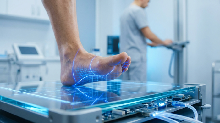Nahaufnahme eines Fußes, der auf einer modernen, leuchtenden 3D-Scanner-Glasplatte steht. Blaue Laserlinien tasten die Fußsohle ab, im Hintergrund steht ein unscharfer Orthopädietechniker in heller Arbeitskleidung in einem sauberen Behandlungsraum.