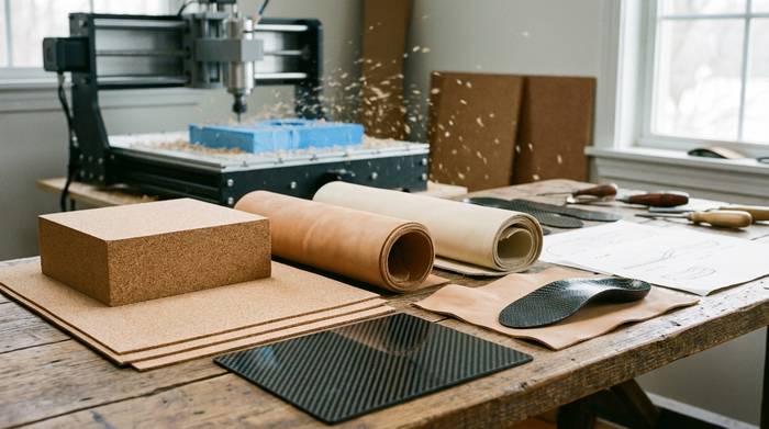 Verschiedene hochwertige Materialien für orthopädische Einlagen liegen ordentlich auf einem Holztisch: heller Kork, weiches Leder und moderne Carbonfasern. Eine moderne CNC-Fräse bearbeitet im unscharfen Hintergrund einen Schaumstoffblock.