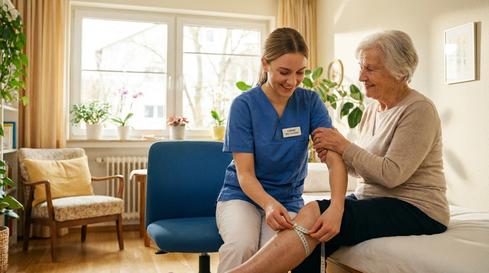 Eine freundliche Fachkraft in medizinischer Kleidung misst mit einem flexiblen Maßband behutsam den Wadenumfang einer älteren Dame. Die Szene spielt in einem hellen, freundlichen Behandlungszimmer mit großem Fenster und Tageslicht.