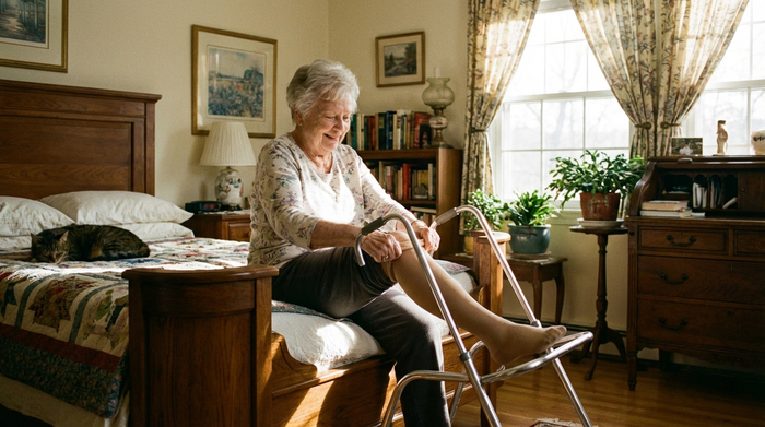 Eine ältere Person zieht mit Hilfe eines speziellen metallischen Anziehgestells mühelos einen medizinischen Kompressionsstrumpf an. Die Szene findet in einem gemütlichen, lichtdurchfluteten Schlafzimmer am Morgen statt.