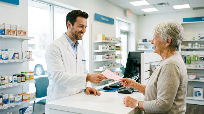 Ein freundlicher Sanitätshaus-Mitarbeiter im weißen Kittel nimmt lächelnd ein rosa Dokument von einer älteren Dame am Tresen entgegen. Helle, saubere Umgebung, professionell und vertrauensvoll, fotorealistisch, keine lesbaren Texte.