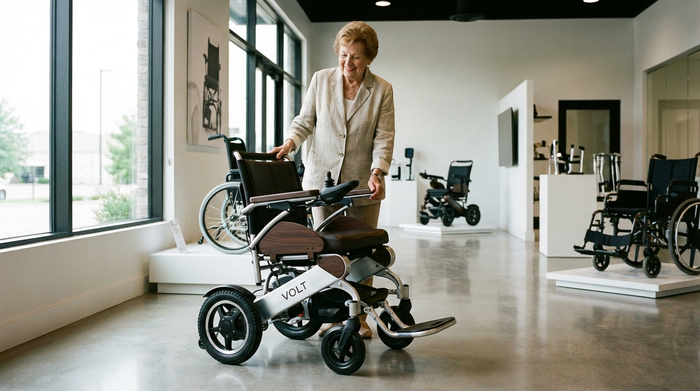 Eine ältere Frau betrachtet lächelnd einen eleganten Elektrorollstuhl in einem modernen, gut beleuchteten Ausstellungsraum eines Sanitätshauses. Hochwertige Materialien, saubere Szene, fotorealistisch.