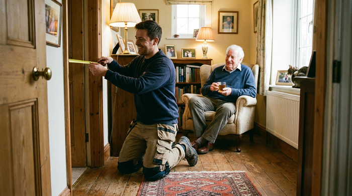 Ein sympathischer Techniker in Arbeitskleidung misst mit einem Maßband sorgfältig den Türrahmen in einem wohnlichen Flur aus, während ein Senior im Hintergrund freundlich und entspannt zuschaut. Realistisch, warmes Licht.