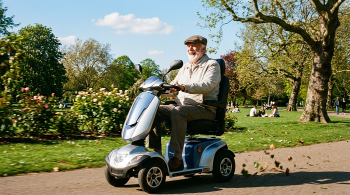 Ein fröhlicher, älterer Mann fährt an einem sonnigen Tag mit einem modernen Elektromobil durch einen grünen, gepflegten Park. Blauer Himmel, dynamische und positive Stimmung, fotorealistisch, keine Texte.