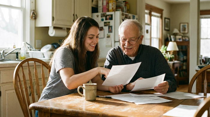 Eine junge Frau und ihr älterer Vater sitzen gemeinsam an einem Holztisch in der Küche und besprechen entspannt Dokumente. Eine Kaffeetasse steht auf dem Tisch. Harmonische, unterstützende Familienatmosphäre, fotorealistisch.