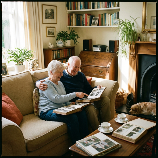 Ein älteres Ehepaar sitzt gemeinsam auf einem Sofa und schaut sich alte Fotoalben an. Die Stimmung ist fröhlich und entspannt, das Wohnzimmer ist gemütlich eingerichtet.