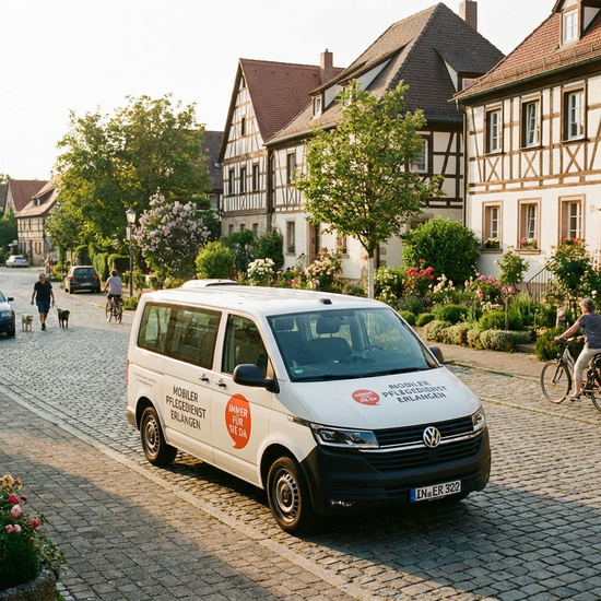 Ein modernes, weißes Pflegefahrzeug parkt in einer idyllischen, ruhigen Wohnstraße in Erlangen. Im Hintergrund sind gepflegte Vorgärten und Fachwerkhäuser zu sehen. Sonniger Tag.
