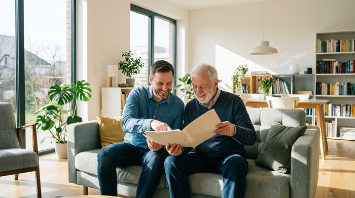 Ein erwachsener Sohn sitzt mit seinem älteren Vater auf einem Sofa und sie schauen gemeinsam lächelnd Dokumente in einer Mappe an. Helle, moderne Wohnatmosphäre, realistisch, ohne Text.