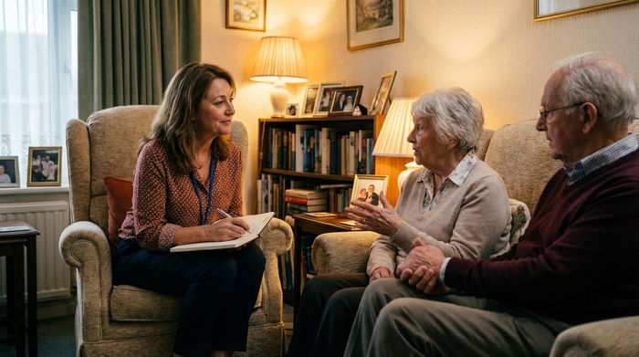 Eine professionelle Pflegeberaterin im Gespräch mit einem älteren Ehepaar im heimischen Wohnzimmer. Die Beraterin hört aufmerksam zu. Warme Beleuchtung, vertrauensvolle Stimmung, keine Beschriftungen.
