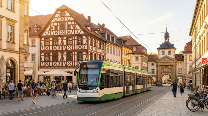 Eine moderne Straßenbahn fährt durch die historische Innenstadt von Erlangen an einem sonnigen Tag, im Hintergrund sind gepflegte Altbauten und Fußgänger zu sehen.