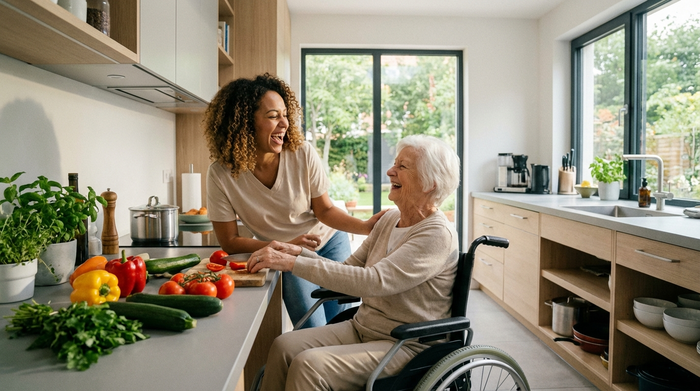 Eine jüngere Betreuerin und eine Seniorin kochen gemeinsam lachend in einer modernen, barrierefreien Küche. Frisches Gemüse liegt auf der Arbeitsfläche.