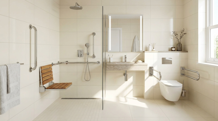 Ein modernes, hell gefliestes Badezimmer mit einer bodengleichen Dusche, eleganten Haltegriffen und einem klappbaren Duschsitz. Stilvoll und sicher eingerichtet.
