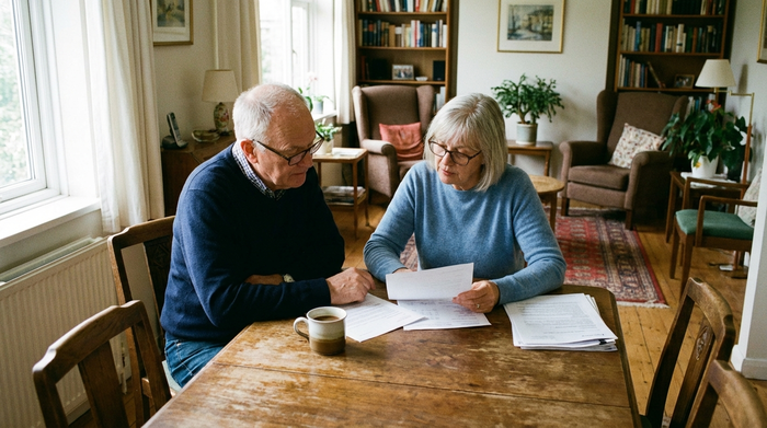 Ein älteres Ehepaar sitzt am heimischen Esstisch und bespricht ruhig und konzentriert Dokumente. Eine Tasse Kaffee steht auf dem Holztisch. Natürliches Tageslicht, gemütliches Wohnzimmer im Hintergrund.