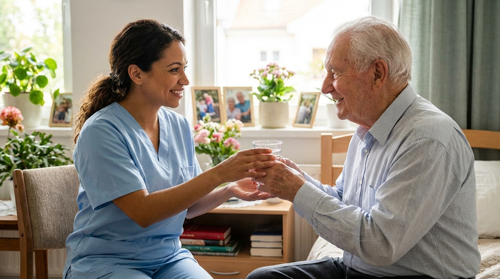 Eine engagierte Pflegekraft in hellblauer Berufskleidung reicht einem lächelnden Senior ein Glas Wasser. Im Hintergrund ein freundlich eingerichtetes, helles Pflegeheimzimmer mit Pflanzen. Realistische, warme Szene.