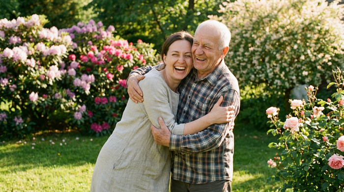 Eine erwachsene Tochter umarmt ihren älteren Vater herzlich im Garten. Beide lachen entspannt. Grüner Rasen, blühende Sträucher im Hintergrund, sonniges Wetter, emotionale und beruhigende Stimmung.