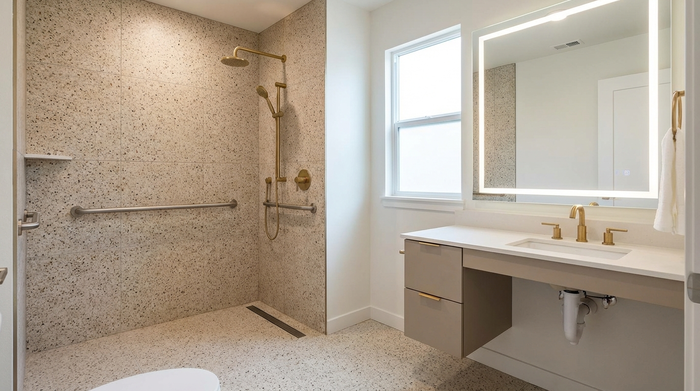 Ein modernisiertes, barrierefreies Badezimmer mit einer geräumigen, bodengleichen Dusche, Haltegriffen und rutschfesten Fliesen. Helles, sauberes Design, elegante Armaturen, keine Personen im Bild.